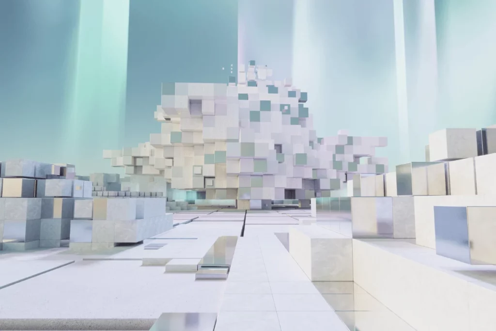 Abstract 3D architecture featuring geometric blocks in a sci-fi setting.