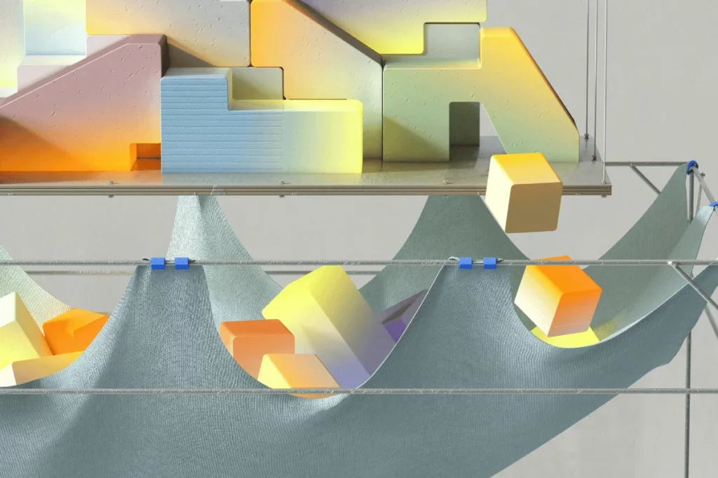 Abstract design featuring colorful geometric shapes balanced on a suspended fabric, creating a visual interplay between solid and fluid forms.