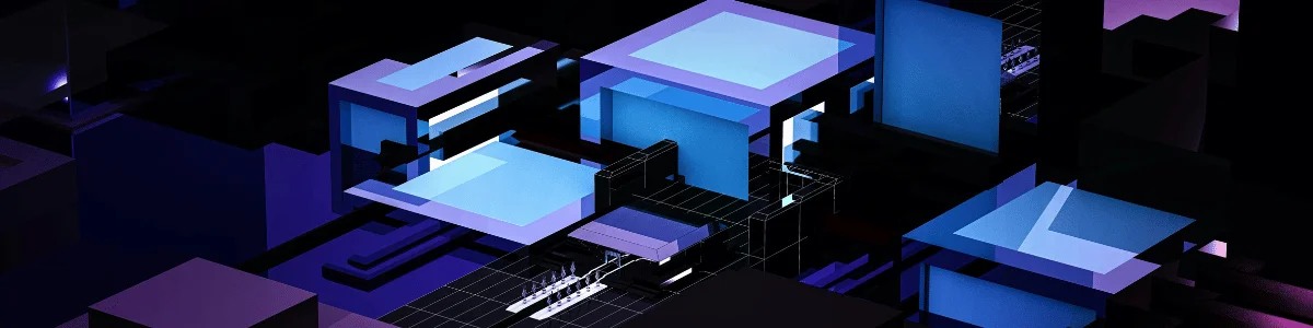 Abstract digital artwork featuring layered geometric shapes in blue and purple tones, set against a dark background.