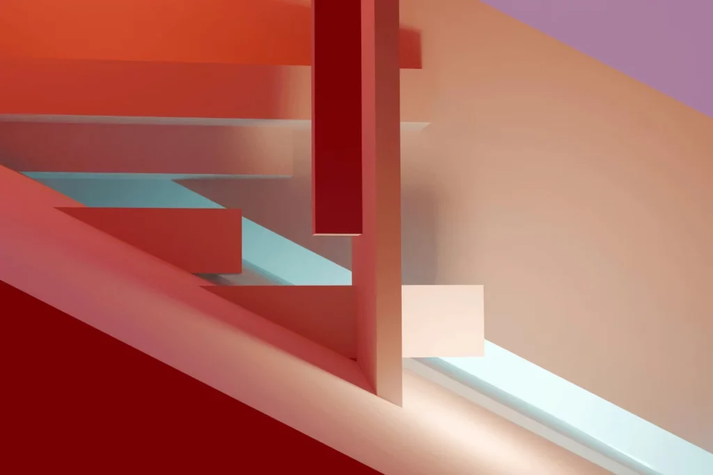 Abstract geometric scene with red and purple blocks creating a dynamic structure, complemented by a soft blue light strip.