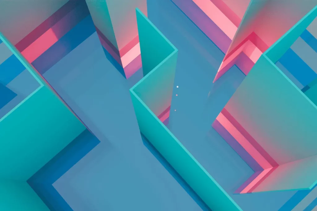 A vibrant, abstract maze composed of pink and blue gradient walls, viewed from above, creating a playful sense of depth and complexity.