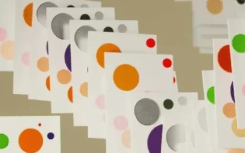 Colorful pattern of paper cards with varying circles in different hues like orange, green, and purple.