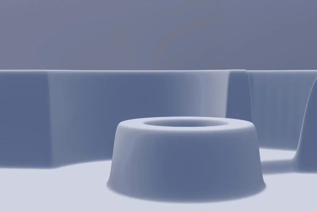 Minimalist 3D landscape with soft, curved shapes and gentle shadows, featuring a central circular mound and surrounding walls.