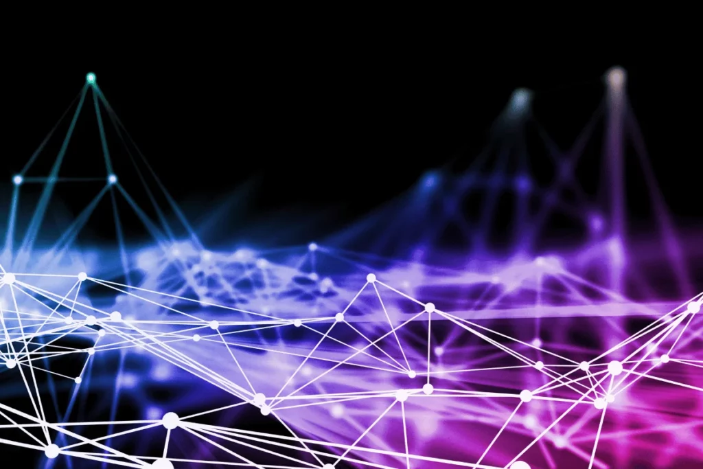 Abstract network visualization with glowing purple and blue connections on a black background.