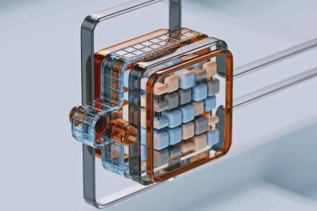 Abstract modern design featuring a grid-like structure with blue and beige cubes.