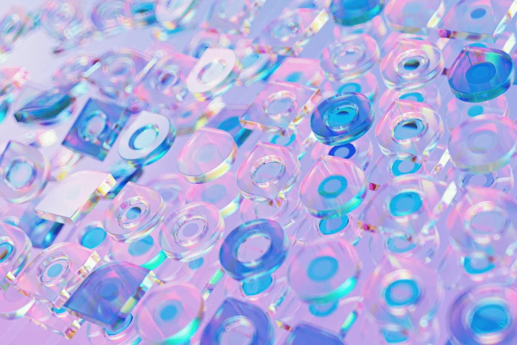 Futuristic 3D rendering with holographic translucent shapes in pastel colors.