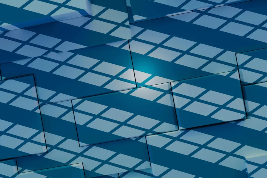 Abstract 3D background with reflective blue tiles and grid shadows.