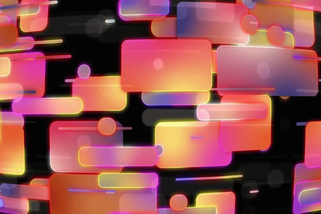 Dynamic neon interface with colorful floating rectangles.