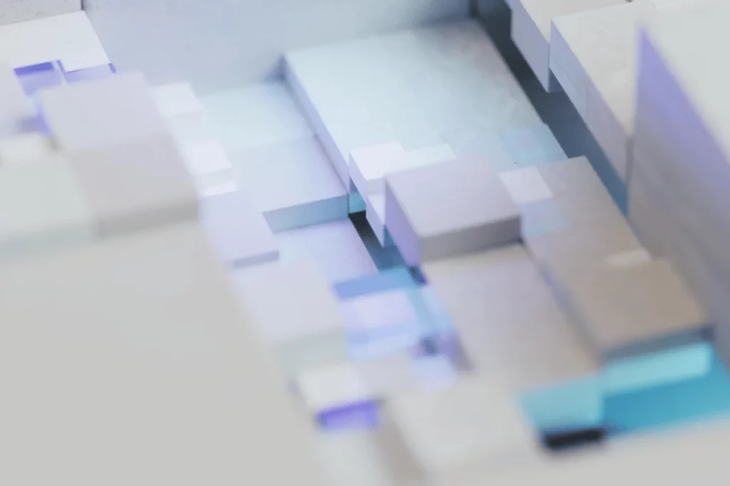 AI-generated abstract terrain with cube formations and a soft glow.