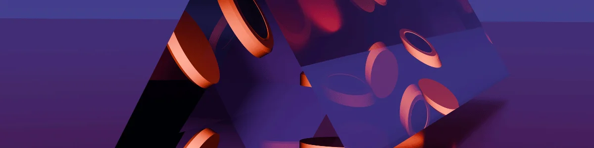 Abstract geometric shapes with circular cutouts and a vibrant color palette of purple and orange create a dynamic visual composition.