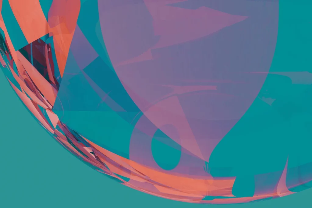 Abstract geometric shapes in vibrant pink and teal tones, showcasing reflections and facets of a crystal-like structure.