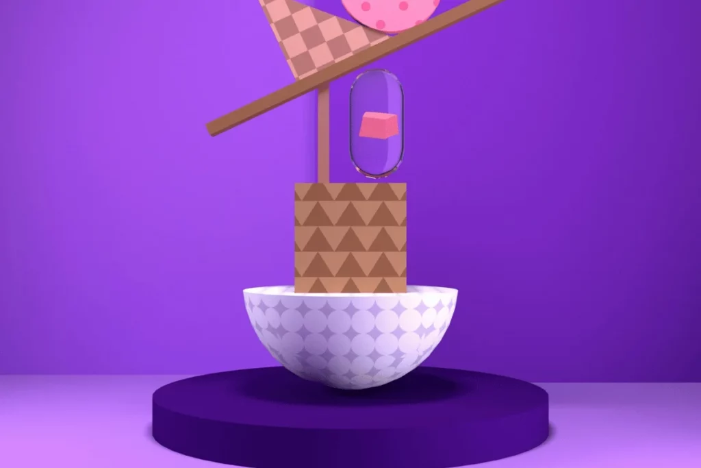 Abstract geometric design with shapes in various colors floating above a bowl.