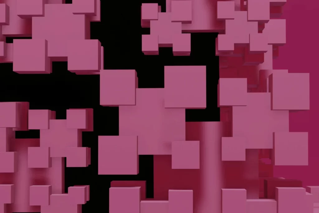 Geometric 3D rendering of interconnected pink blocks.