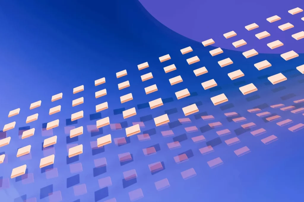 Digital abstract composition featuring light-colored blocks on a blue gradient surface.