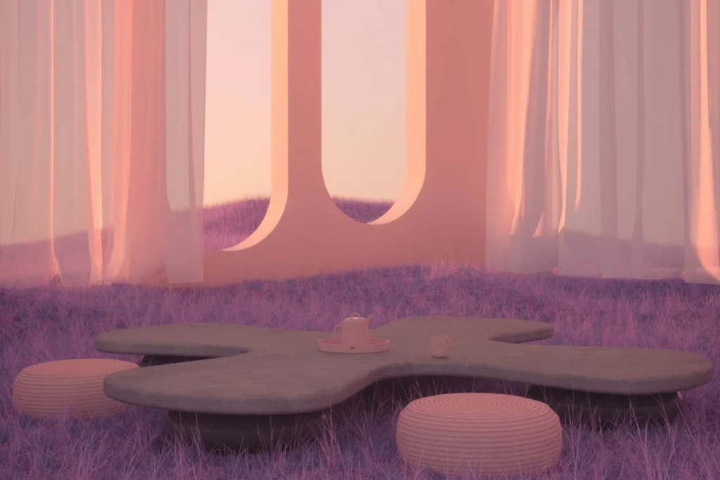 Cozy interior with soft pink and purple lighting, a low table, and minimalist design elements.