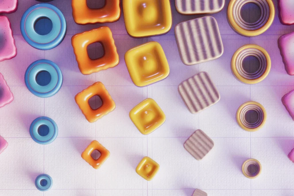 Futuristic 3D-rendered pattern featuring glossy square and circular elements.
