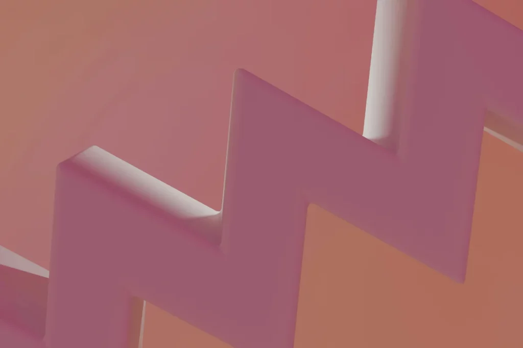 Close-up of a zigzag staircase in soft pastel colors, showcasing geometric shapes and smooth lines against a gradient background.