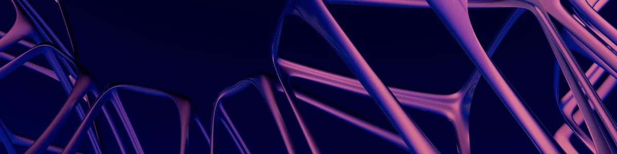 Abstract 3D rendering of intertwining, glossy purple and blue lines against a dark background, creating a dynamic and futuristic visual.
