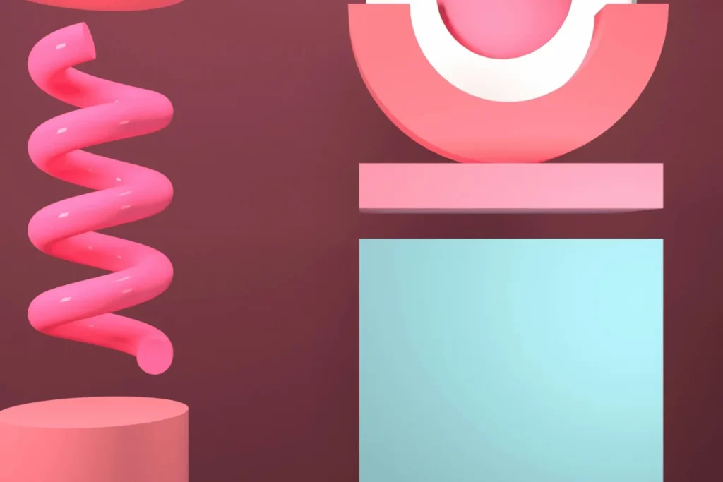 Modern art composition with a rotating geometric shape and suspended ring in a minimalist setup.