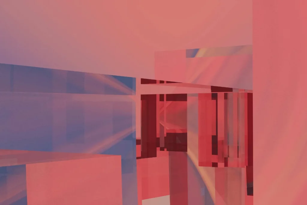 Modern 3D abstract background featuring translucent red structures.