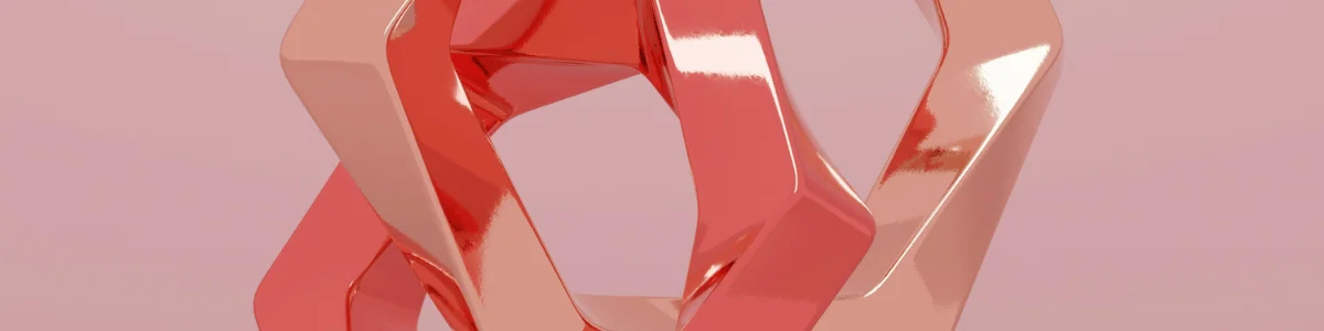A glossy, intertwined sculpture with smooth, coral-colored surfaces against a soft pink background.