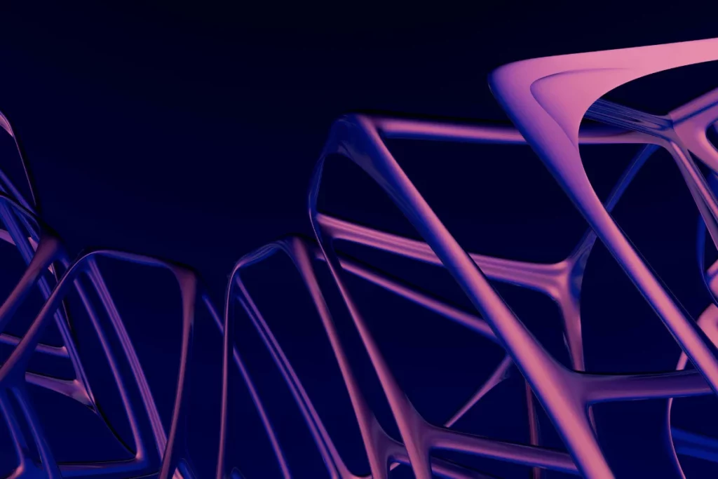 Abstract digital art featuring intertwined geometric shapes glowing in purple and blue hues against a dark background.