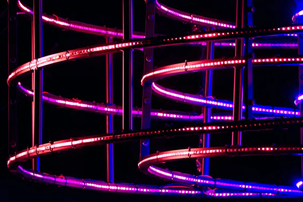 Neon LED lights arranged in a spiraling structure against a dark background.