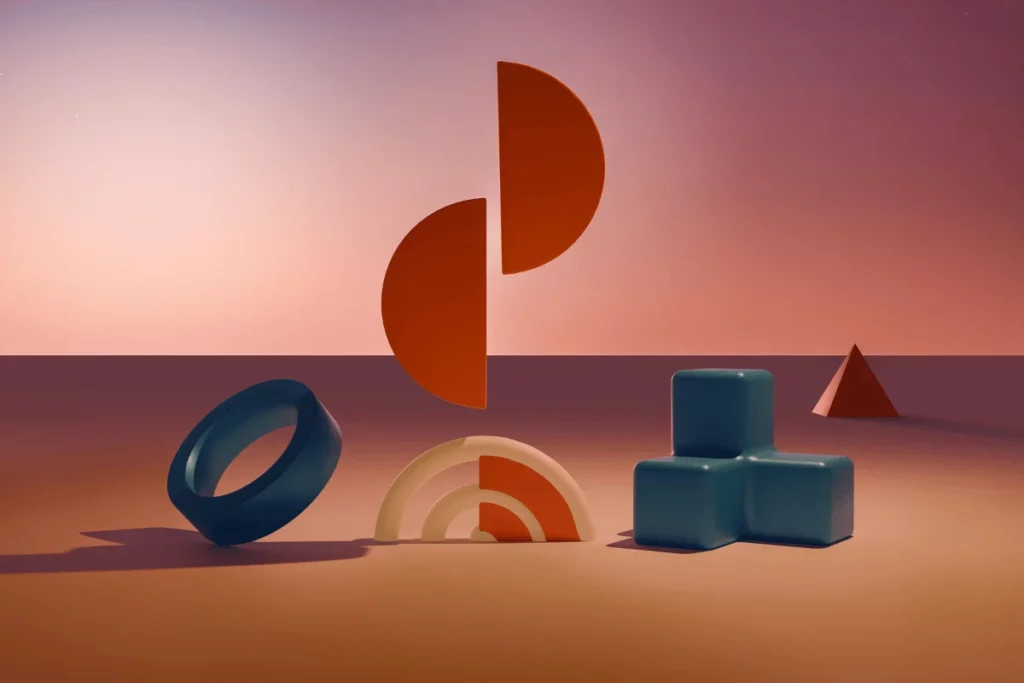 A collection of abstract geometric shapes, including a ring, cube, and pyramids, with soft pastel lighting.