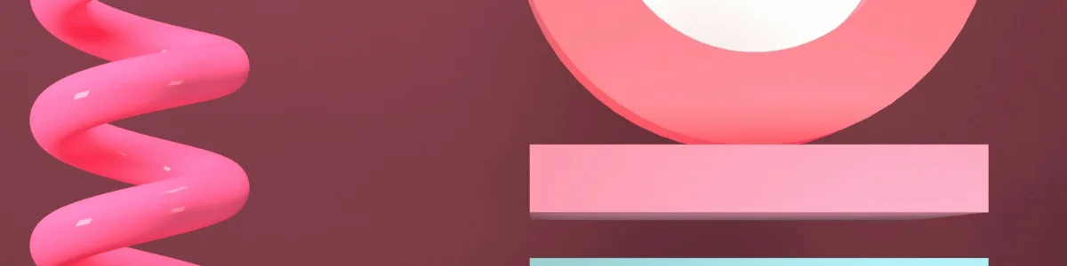 A vibrant 3D design featuring a pink spiral, a dome shape, and stacked colored blocks against a deep brown background.