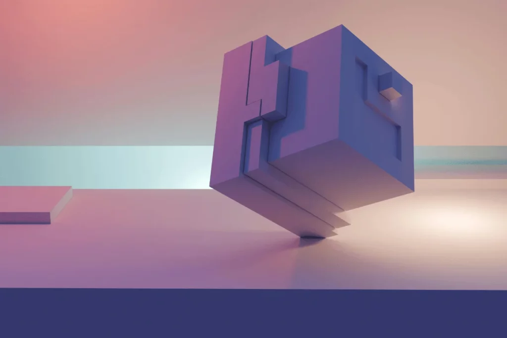 A floating geometric cube with abstract cutouts, illuminated by soft pastel lighting, set against a smooth, minimalistic background.