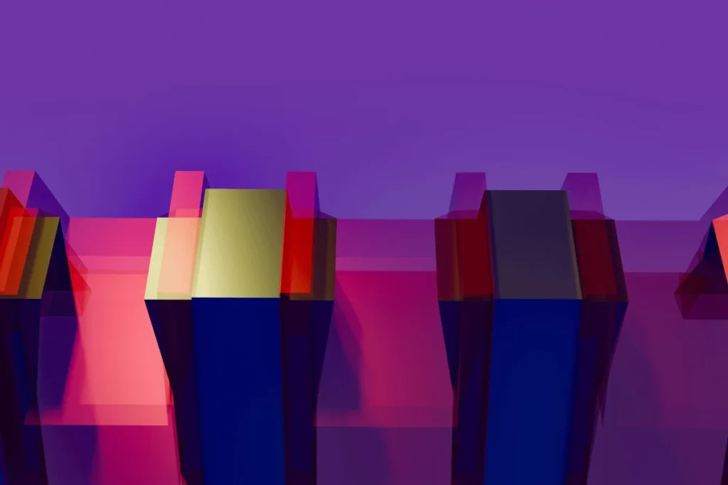 Abstract 3D shapes with vibrant colors in a gradient background, showcasing cylindrical forms with varied heights and shades.