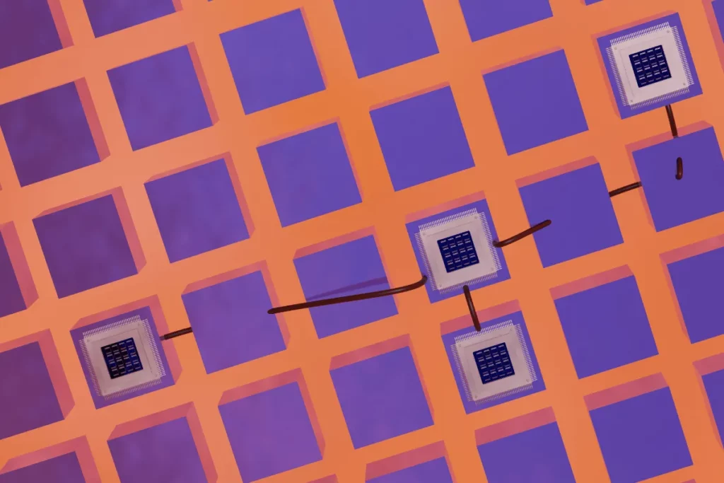 Futuristic 3D illustration of computer processors linked by curved wires.