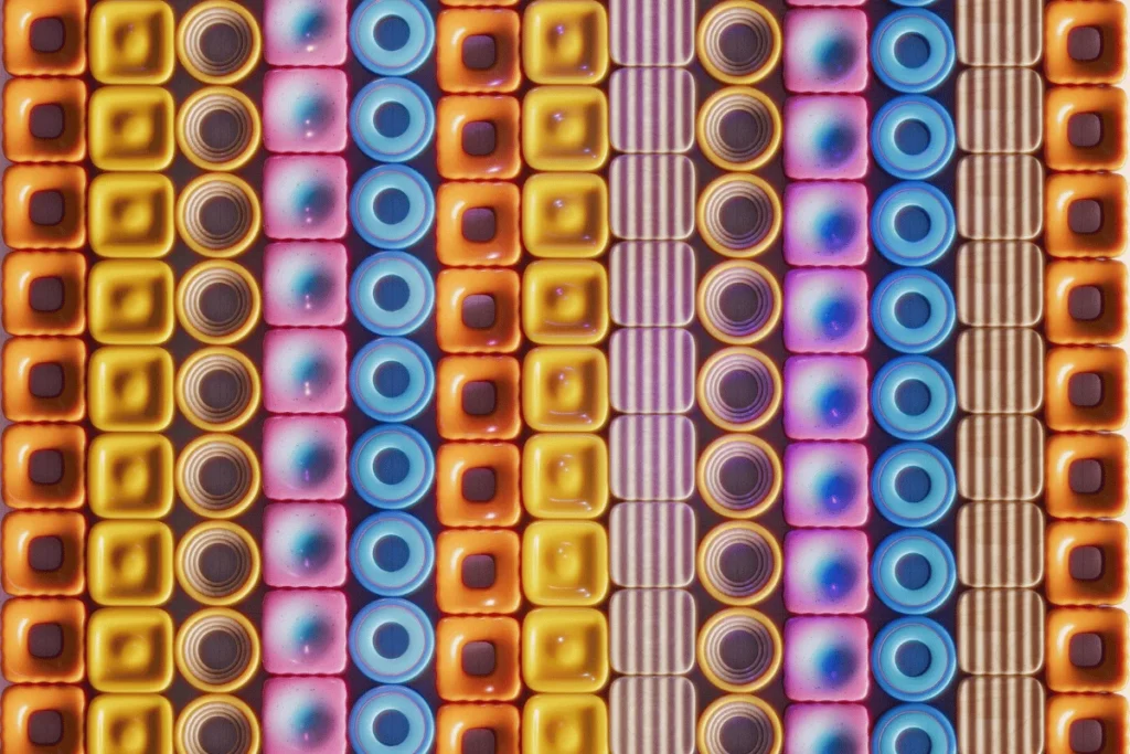 Modern abstract artwork with colorful geometric patterns arranged in parallel rows.