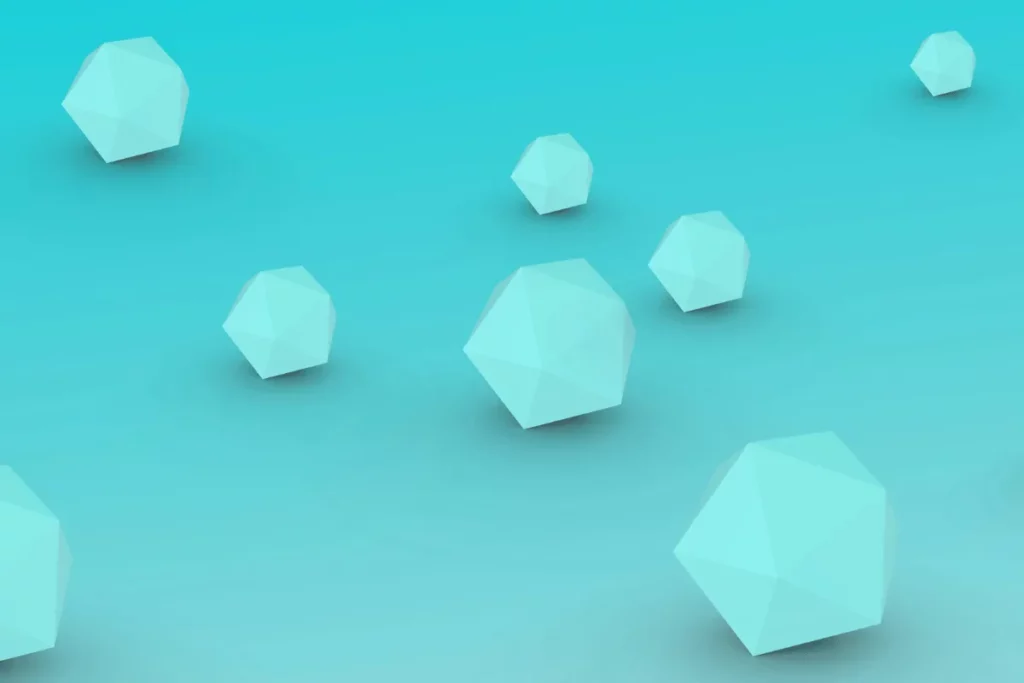 Minimalist digital art featuring 3D polyhedral objects in a serene blue environment.