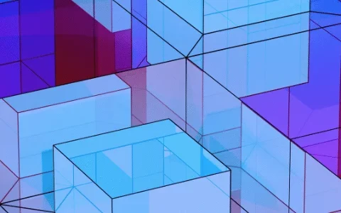 A vibrant abstract composition featuring translucent cubes and glossy spheres in shades of blue, pink, and red, creating depth and intrigue.