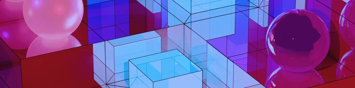 A vibrant abstract composition featuring translucent cubes and glossy spheres in shades of blue, pink, and red, creating depth and intrigue.