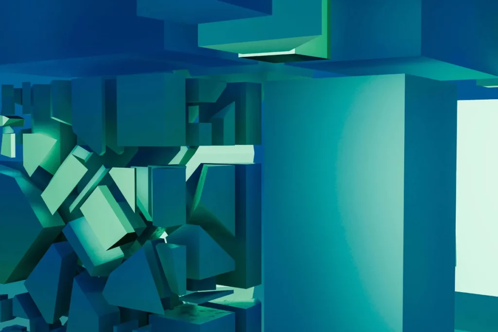 Abstract 3D composition of layered teal and green geometric shapes, creating a dynamic interplay of light and shadow.