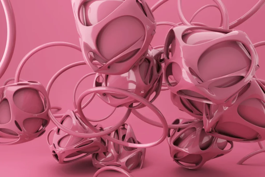 Abstract 3D shapes with pink glossy surfaces interwoven with loops.