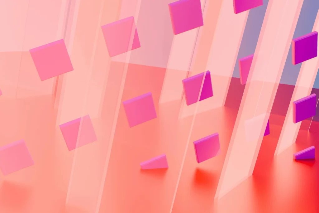 Abstract design featuring transparent vertical panels and scattered purple and pink squares against a soft orange background.