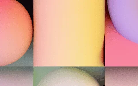 Abstract composition of smooth, colorful shapes including spheres and curves, with a soft pastel gradient effect.