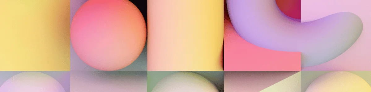 Abstract composition of smooth, colorful shapes including spheres and curves, with a soft pastel gradient effect.