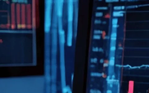 Close-up of multiple computer screens displaying colorful stock market charts and data analysis.