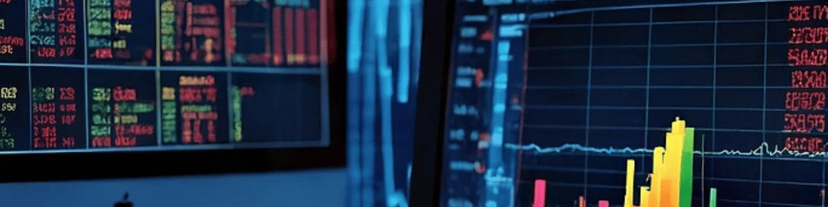 Close-up of multiple computer screens displaying colorful stock market charts and data analysis.