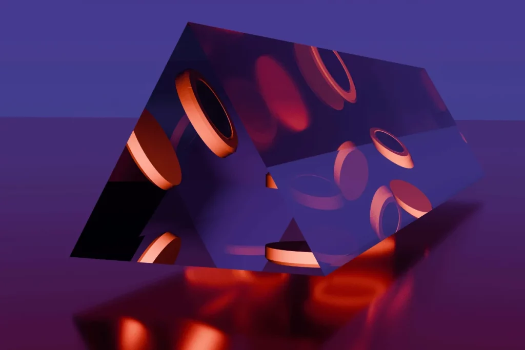 Abstract 3D design showing a prism with illuminated circles inside, reflecting light against a purple backdrop.