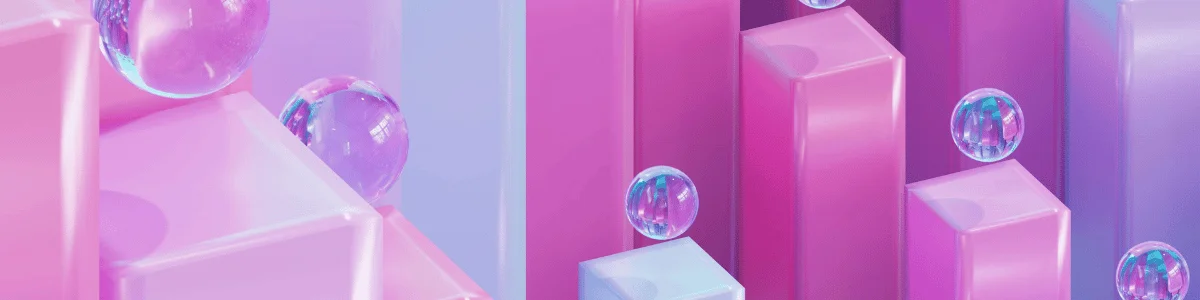 Colorful 3D composition of pink and blue blocks with glass-like bubbles suspended in the air.