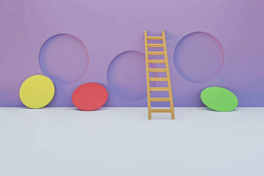 A yellow ladder standing next to colorful circles (yellow, red, and green) on a purple background.