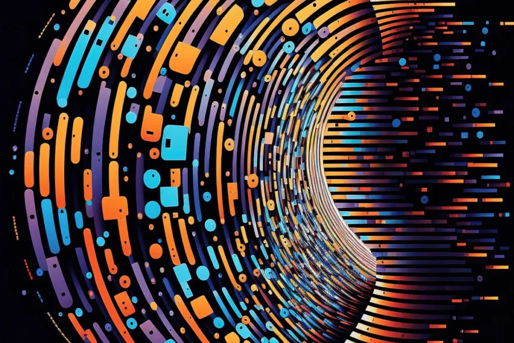 Abstract digital wave with vibrant blue, orange, and purple geometric shapes.
