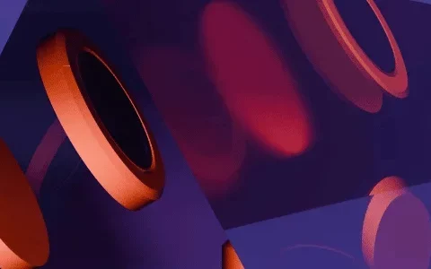 A digital rendering of a transparent triangular object with glowing orange rings on a purple background.