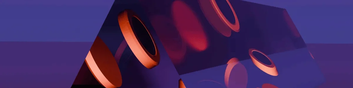 A digital rendering of a transparent triangular object with glowing orange rings on a purple background.