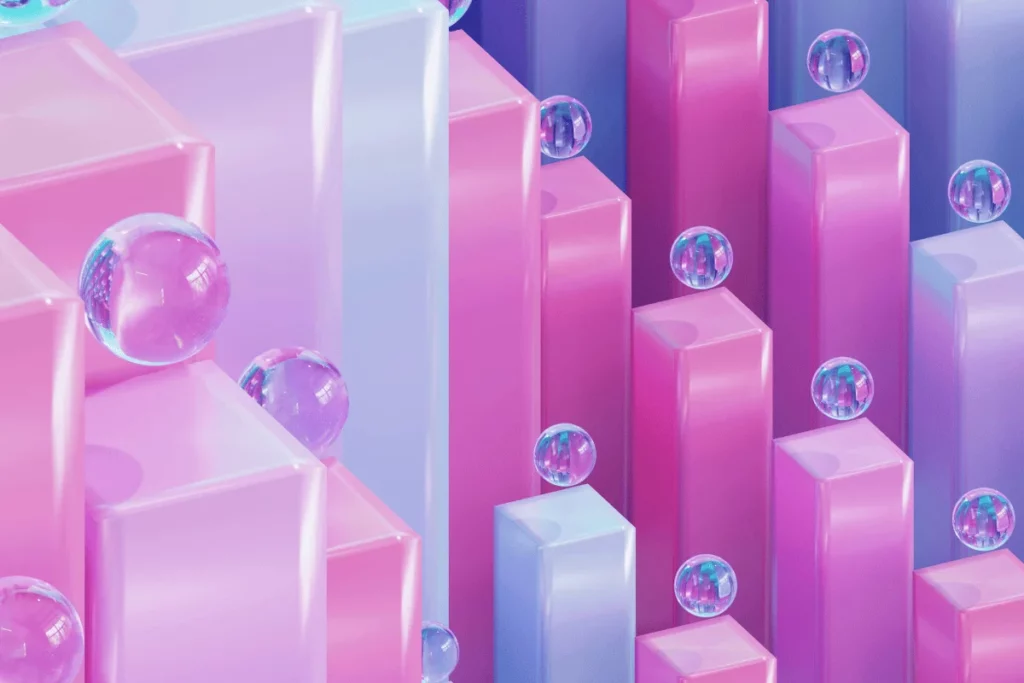 Abstract 3D scene with pink and blue blocks and transparent floating bubbles on a smooth surface.